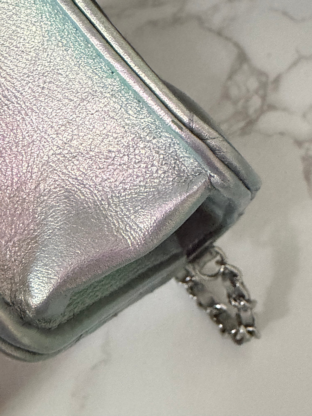 CHANEL 21K Silver Lambskin SHW Classic Wallet On Chain (WOC)