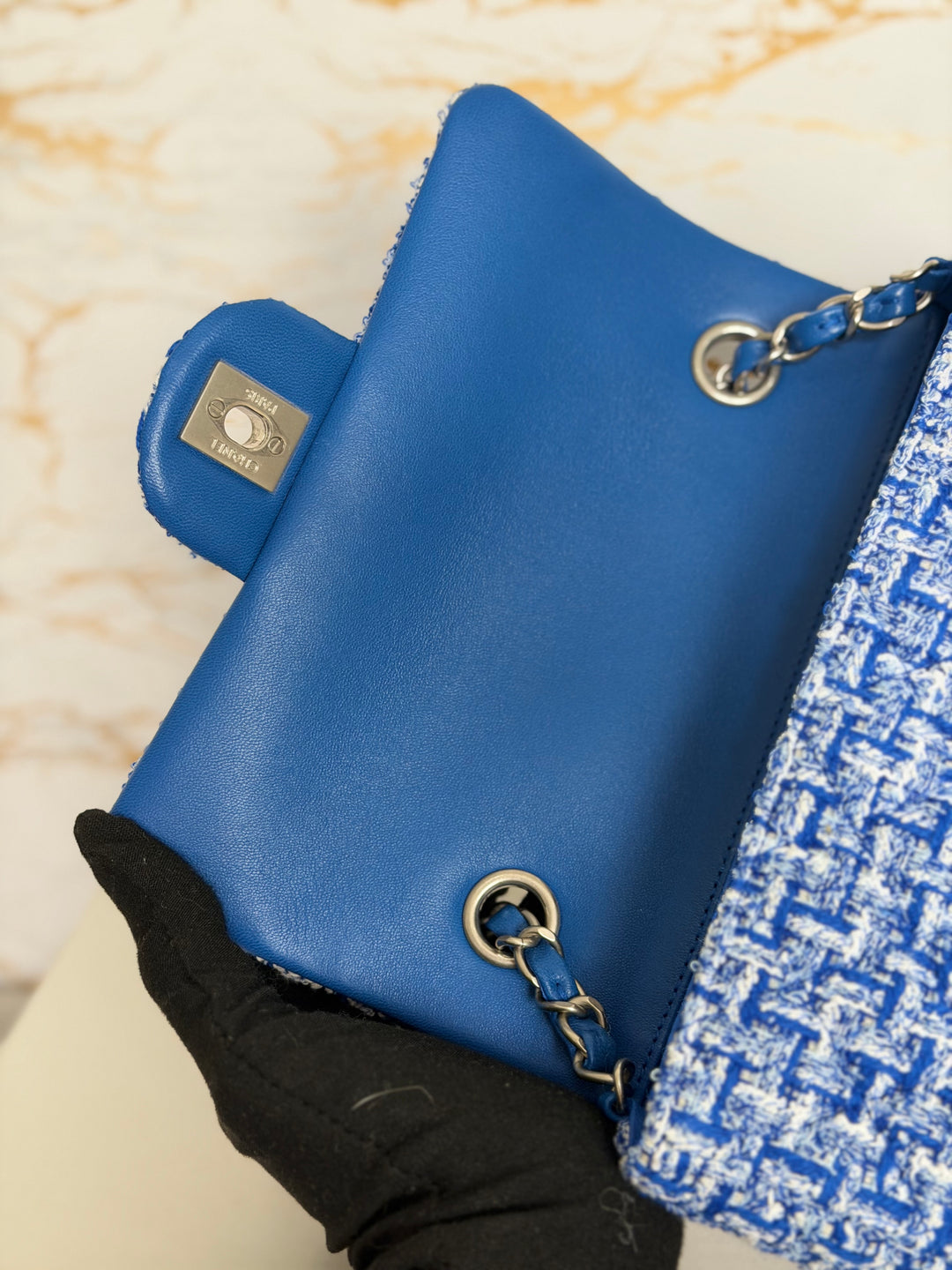 CHANEL 23P Cobalt Blue Muti Coloured Tweed Brushed SHW Mini rectangular flap bag 2023