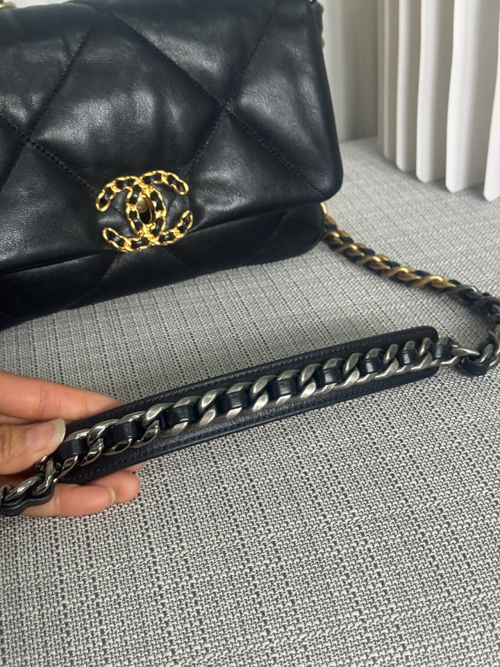 CHANEL 19 Size Small Black Lambskin Mixed Hardware Flap bag with Top Handle
