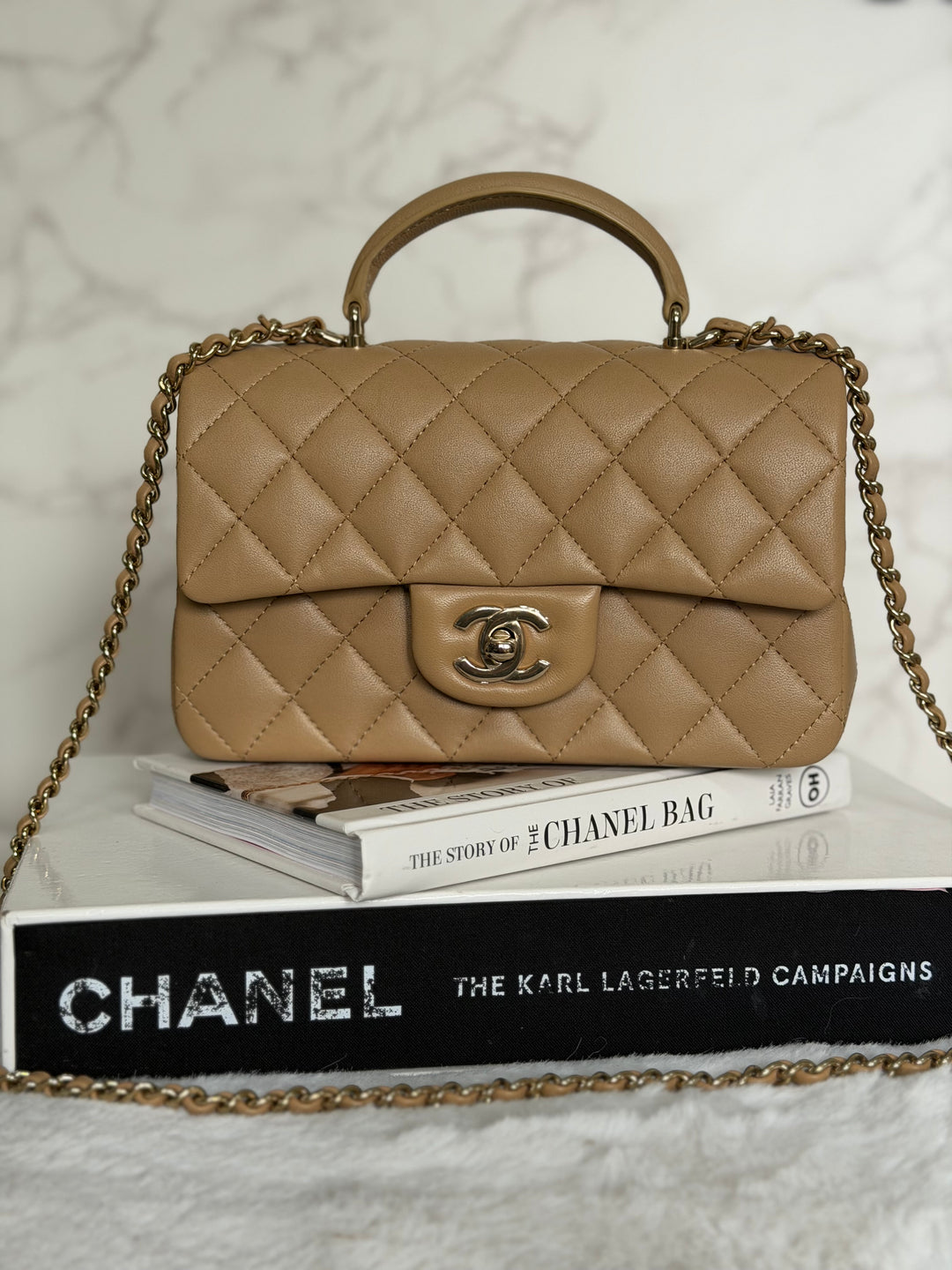 CHANEL Dark Beige Lambskin LGHW Mini Rectangular Flap Bag with Top Handle 2023