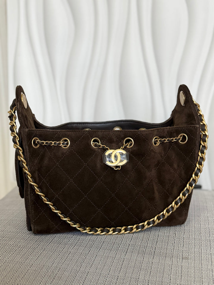 CHANEL 26C collection 2025/2026 Brown Suede Leather Mini 25 Hobo Bag with aged GHW