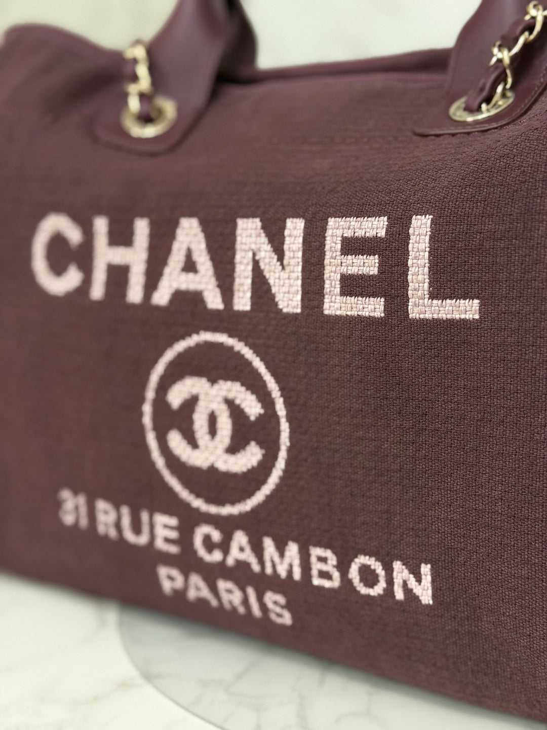 Chanel 24B Collection 2024 Burgundy Tweed Deauville Tote with Leather top handle size small and Detachable pouch