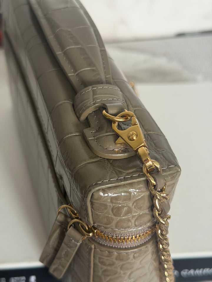 CHANEL 26A Etoupe Khaki Croc Embossed Calf skin LGHW LP Long Vanity size Medium 23 cms with detachable chain 2026