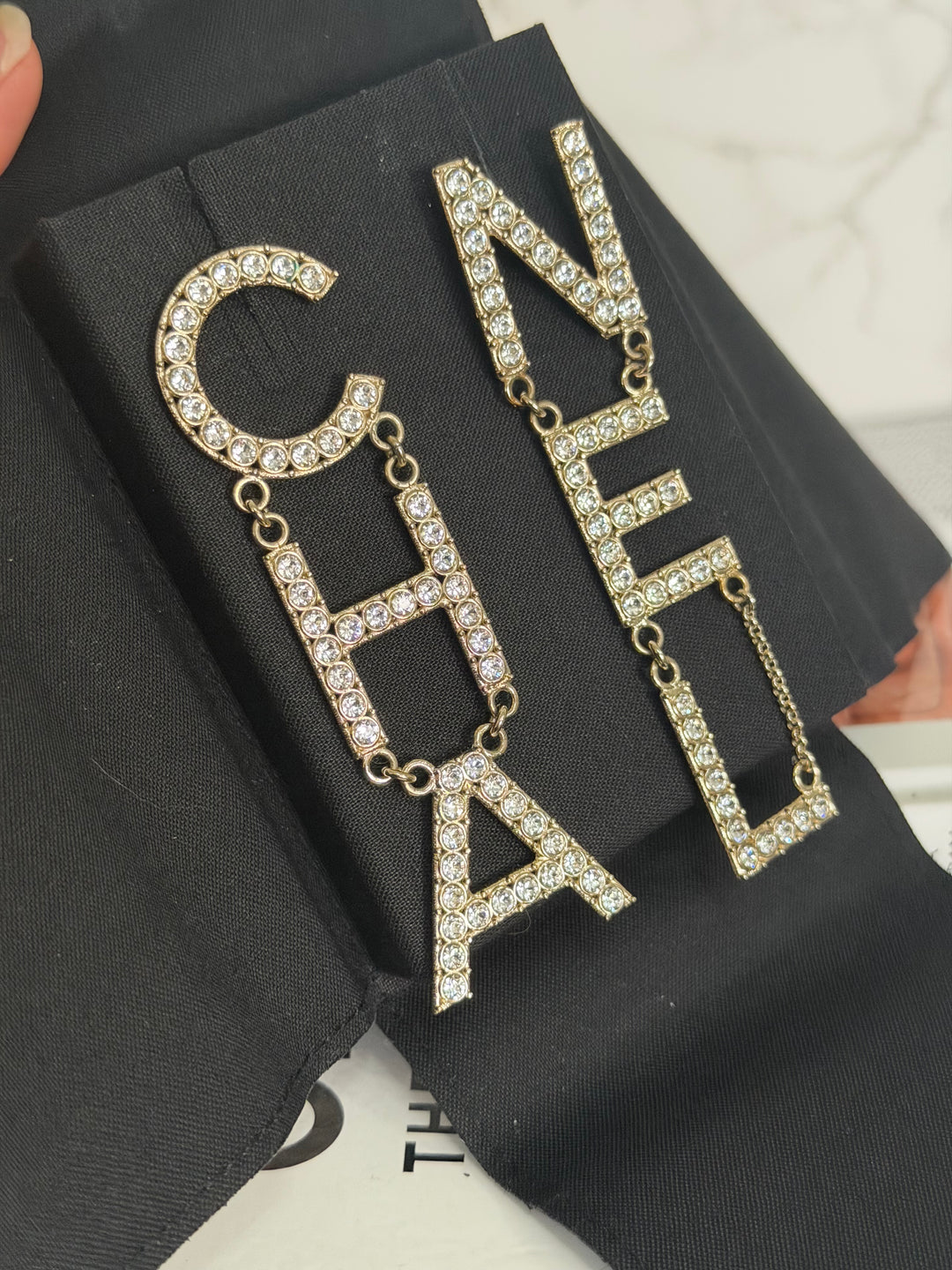 CHANEL Diamanté Letter Statement Earrings in Gold and Crystals