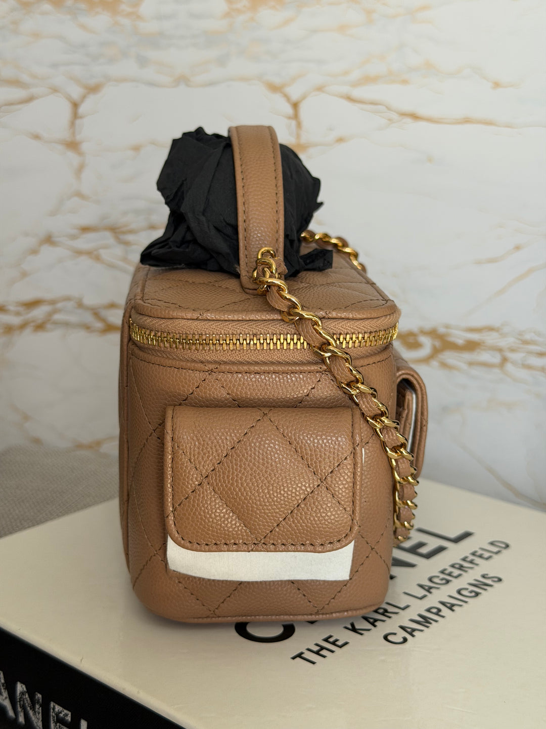 CHANEL Dark Beige Caviar Quilted Polly Pockets Cargo Small Vanity Case with Aged GHW 2023