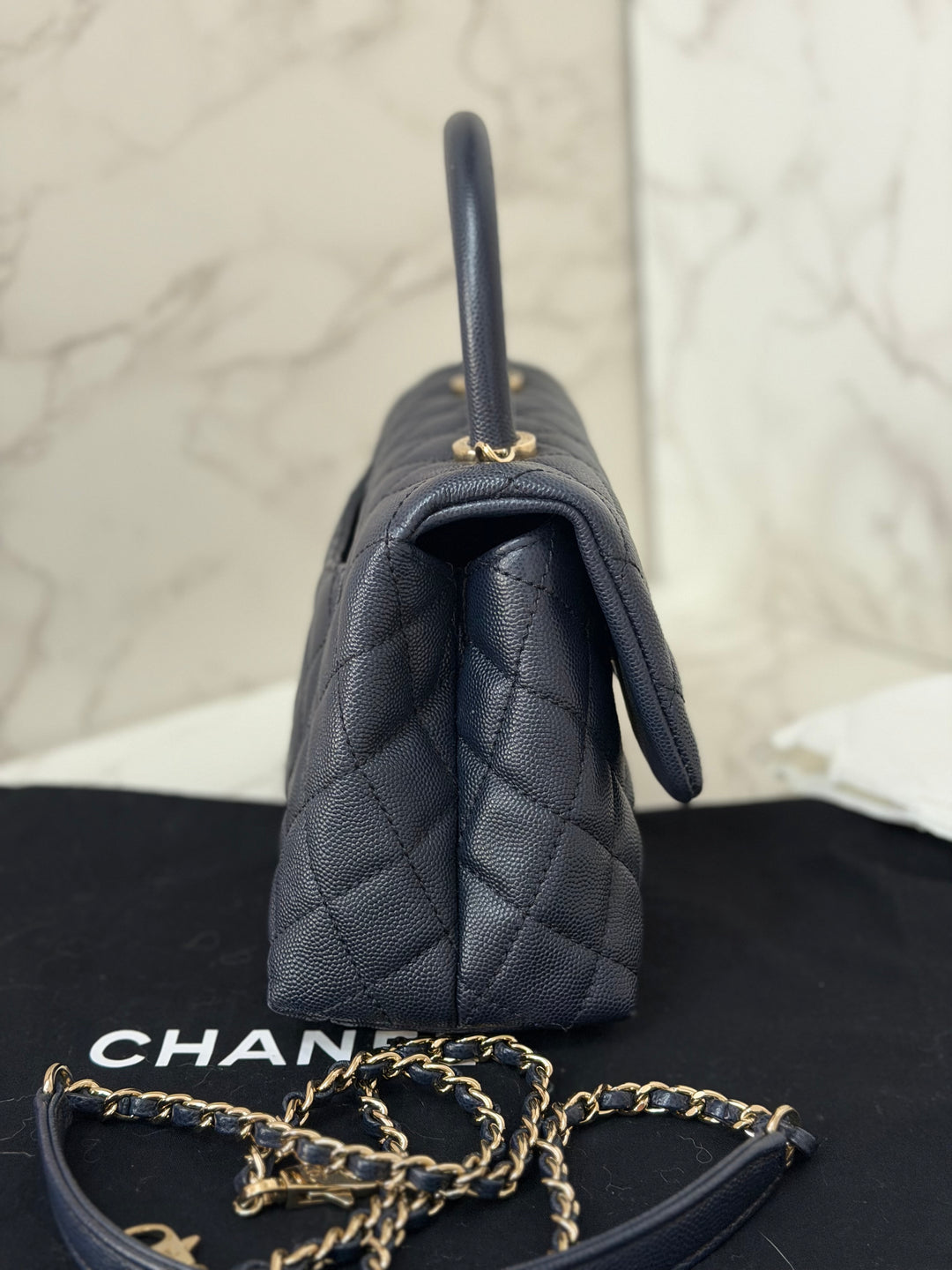 CHANEL series 30 2020 Navy Blue Caviar LGHW Small Coco Handle Flap Bag with Detachable Strap