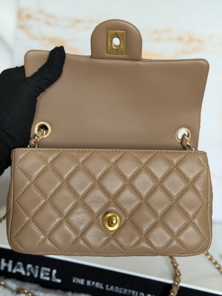 CHANEL 22B Taupe Dark Beige Lambskin Aged GHW Pearl Crush Adjustable Chain Mini Rectangular Flap Bag 2022