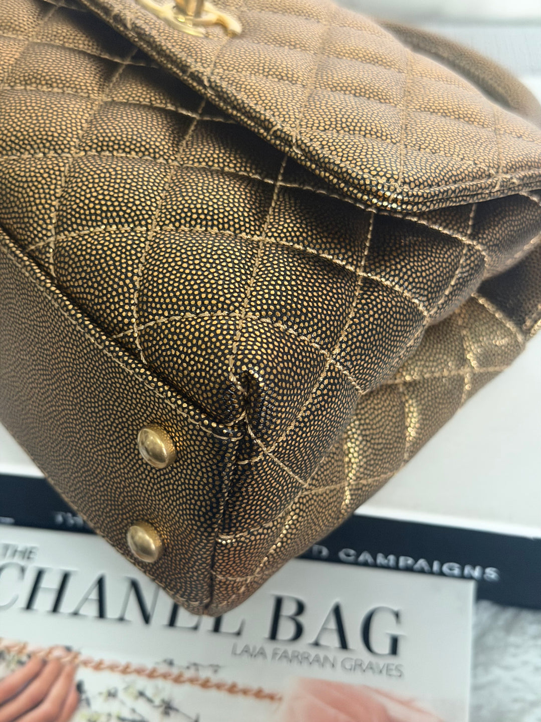 CHANEL series 28 19A Metallic Bronze Gold Caviar Aged GHW Coco Handle Flap Bag size SMALL with detachable shoulder strap 2019