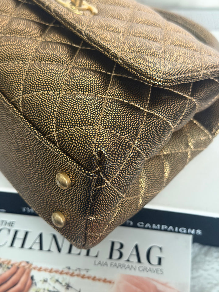 CHANEL series 28 19A Metallic Bronze Gold Caviar Aged GHW Coco Handle Flap Bag size SMALL with detachable shoulder strap 2019