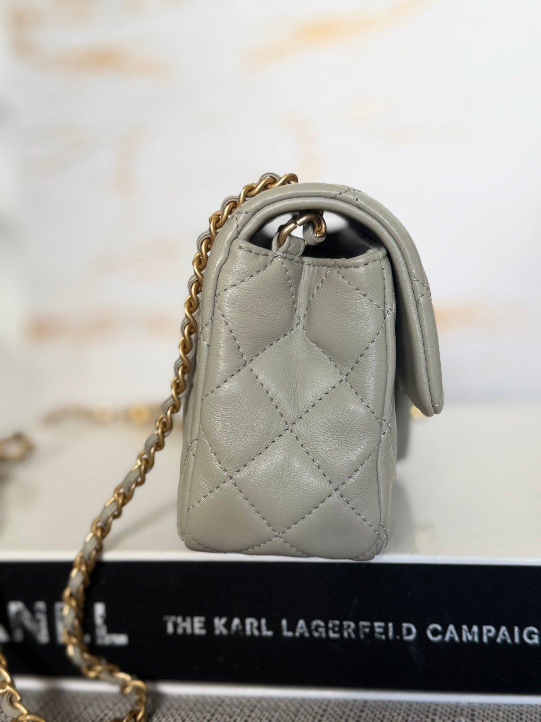 CHANEL Grey Lambskin Aged GHW Pearl Crush Adjustable Chain Mini Rectangular Flap Bag 2021