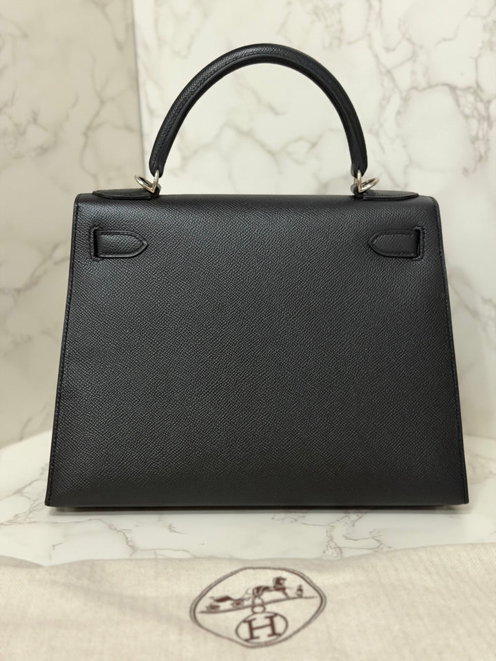 HERMES Black Noir Sellier Epsom Leather PHW Kelly 28 Stamp R 2014