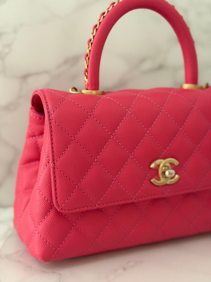 Chanel 23P Collection 2023 Dark Pink Caviar Aged GHW Coco Handle with Detachable Strap and enchained handle size Small