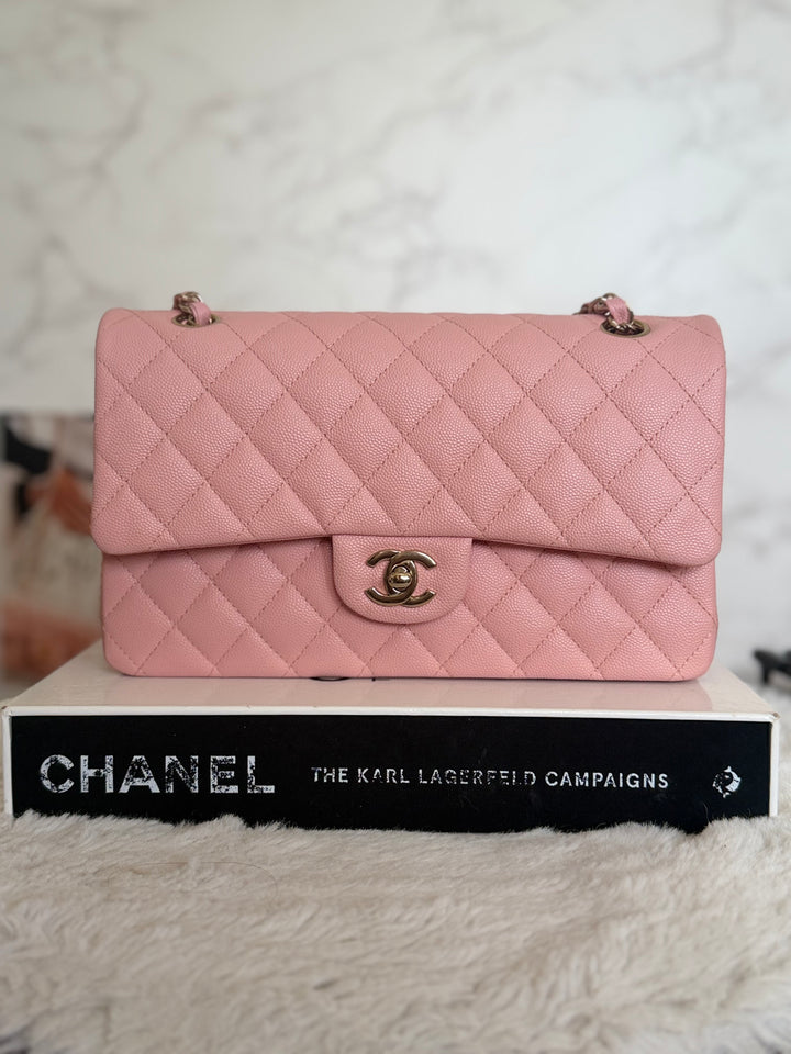 CHANEL 22C Sakura pink Caviar LGHW Medium ML Timeless Classic double flap bag 2022