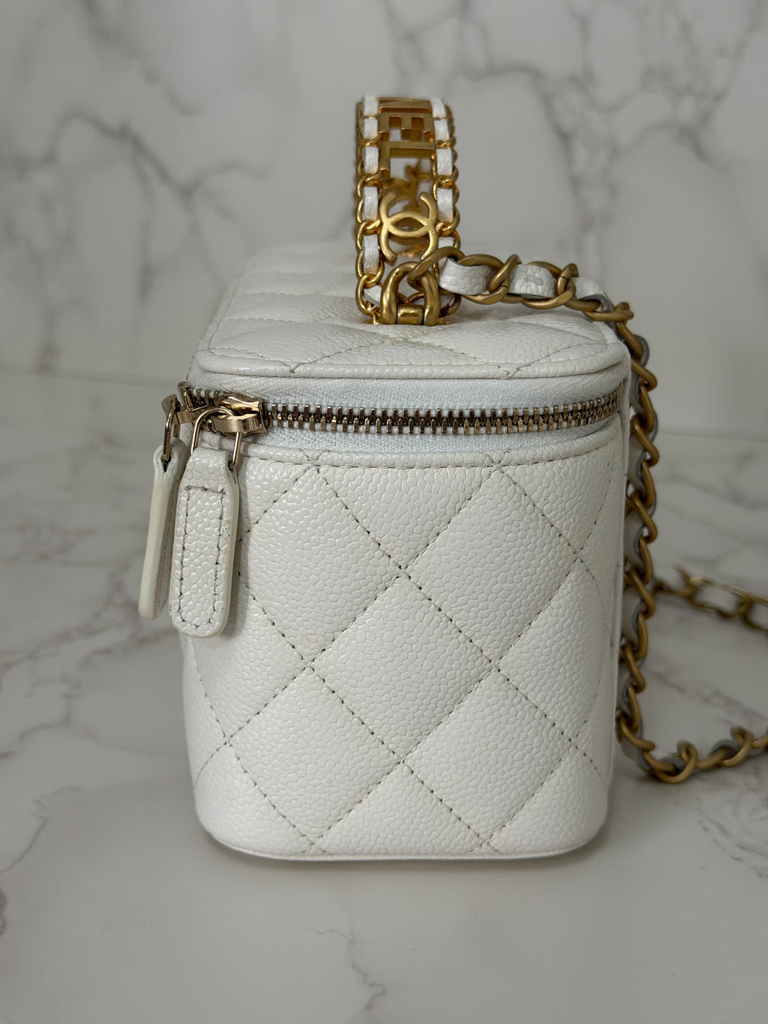 CHANEL 22S Collection 2022 Pick Me Up White Caviar Small Vanity Case with Metal Top Handle GHW