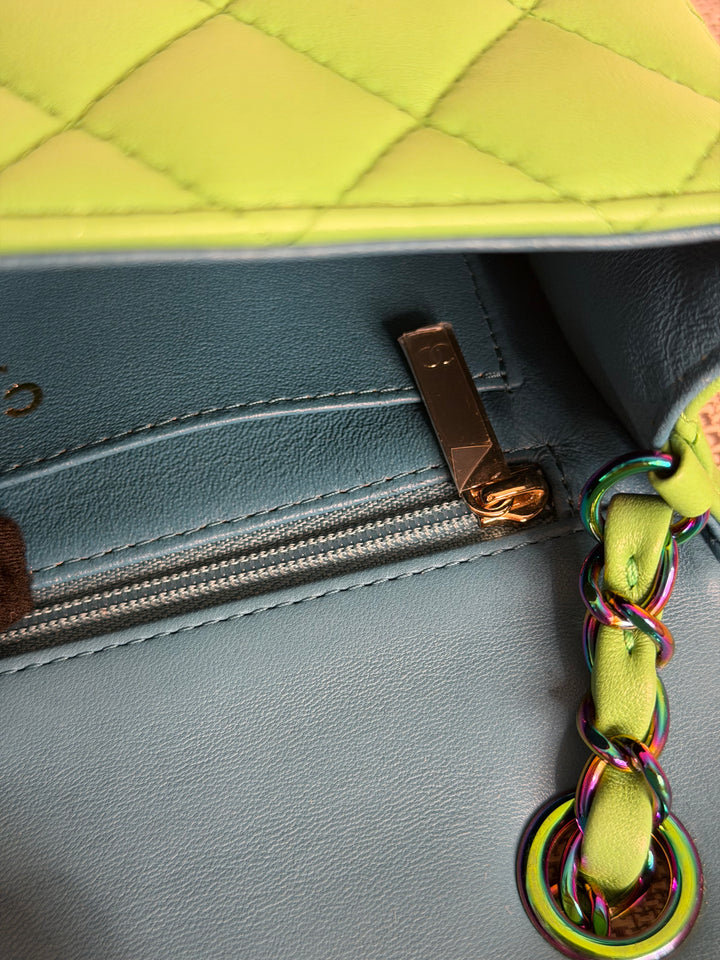 CHANEL series 31 21P Two Tone Green Blue Lambskin Rainbow Iridescent Hardware Mini Rectangular Flap Bag 2021