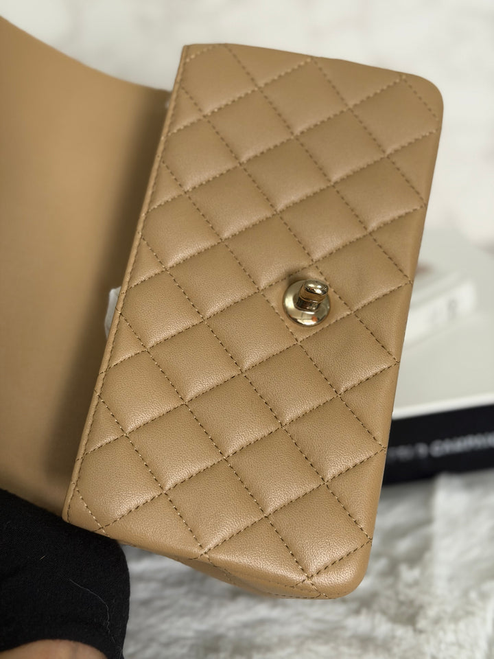 CHANEL Dark Beige Lambskin LGHW Mini Rectangular Flap Bag with Top Handle 2023