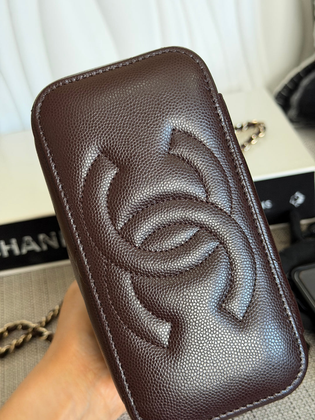 CHANEL 26S Dark Brown Caviar LGHW Small Vanity Case with Top Handle