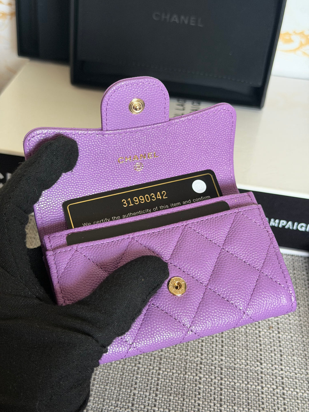 CHANEL series 31 Purple Caviar LGHW Classic Flap Snap Card Holder with Mona Lisa Pocket