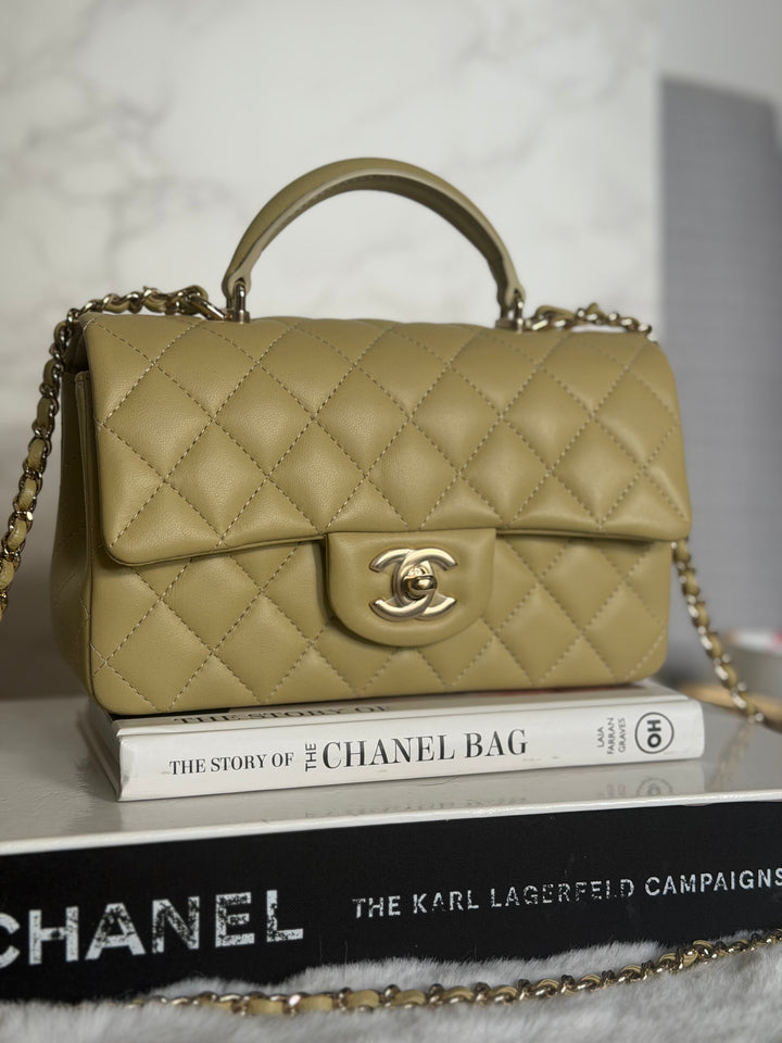 CHANEL 23A Pistachio Green Lambskin LGHW Mini Rectangular Flap Bag with Top Handle 2023