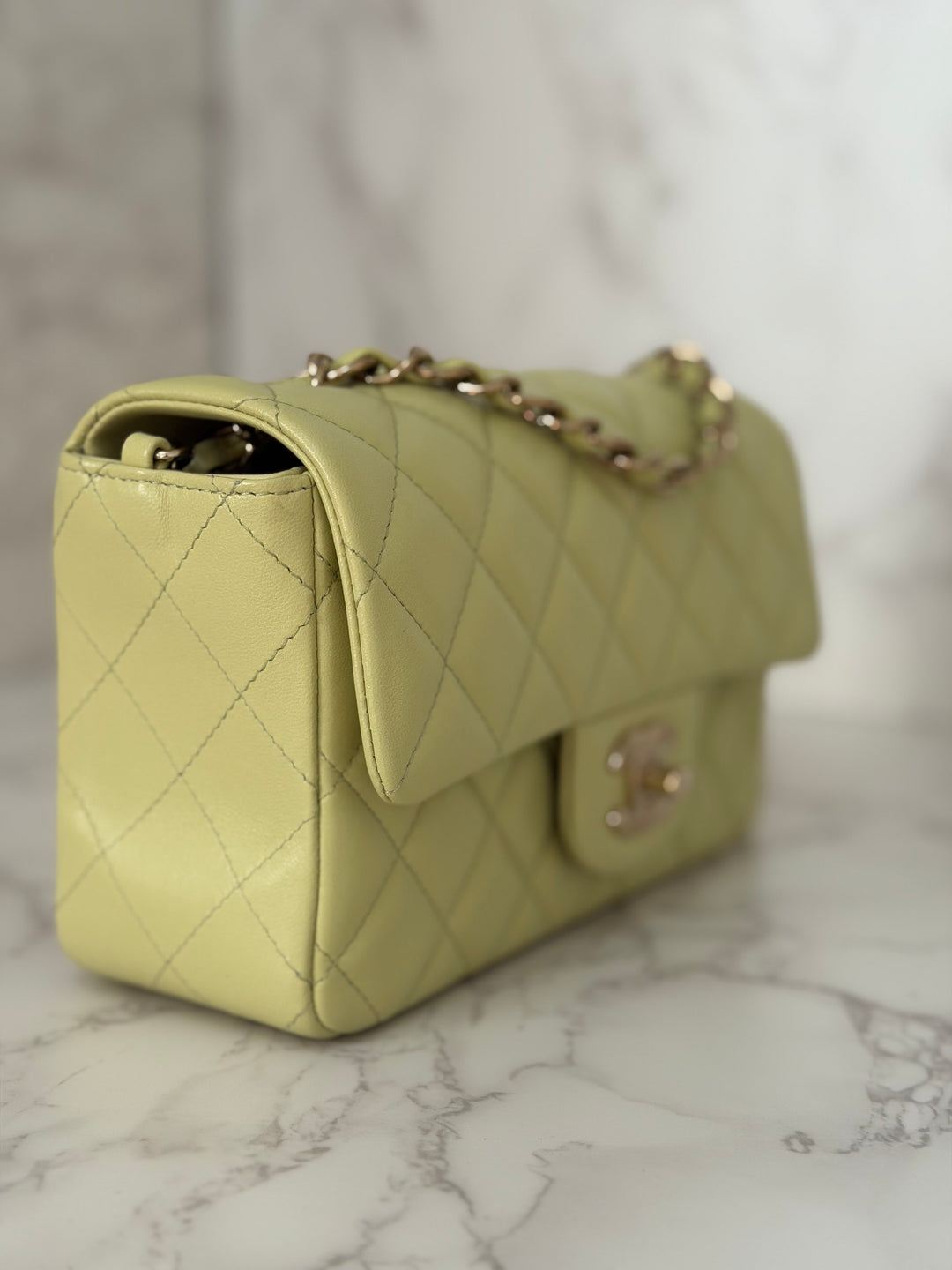 CHANEL 23C Collection 2022/2023 Cruise Pistachio Green Lambskin Mini Rectangular Flap Bag with Champagne GHW