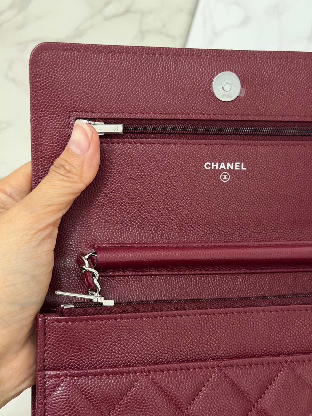 CHANEL 2024 Burgundy Caviar SHW Classic Wallet on chain (WOC) with crystal CC Logo