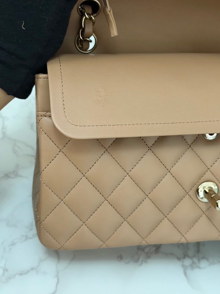CHANEL 22K collection 2022 Dark Beige Lambskin LGHW Medium ML Timeless Classic Double Flap Bag