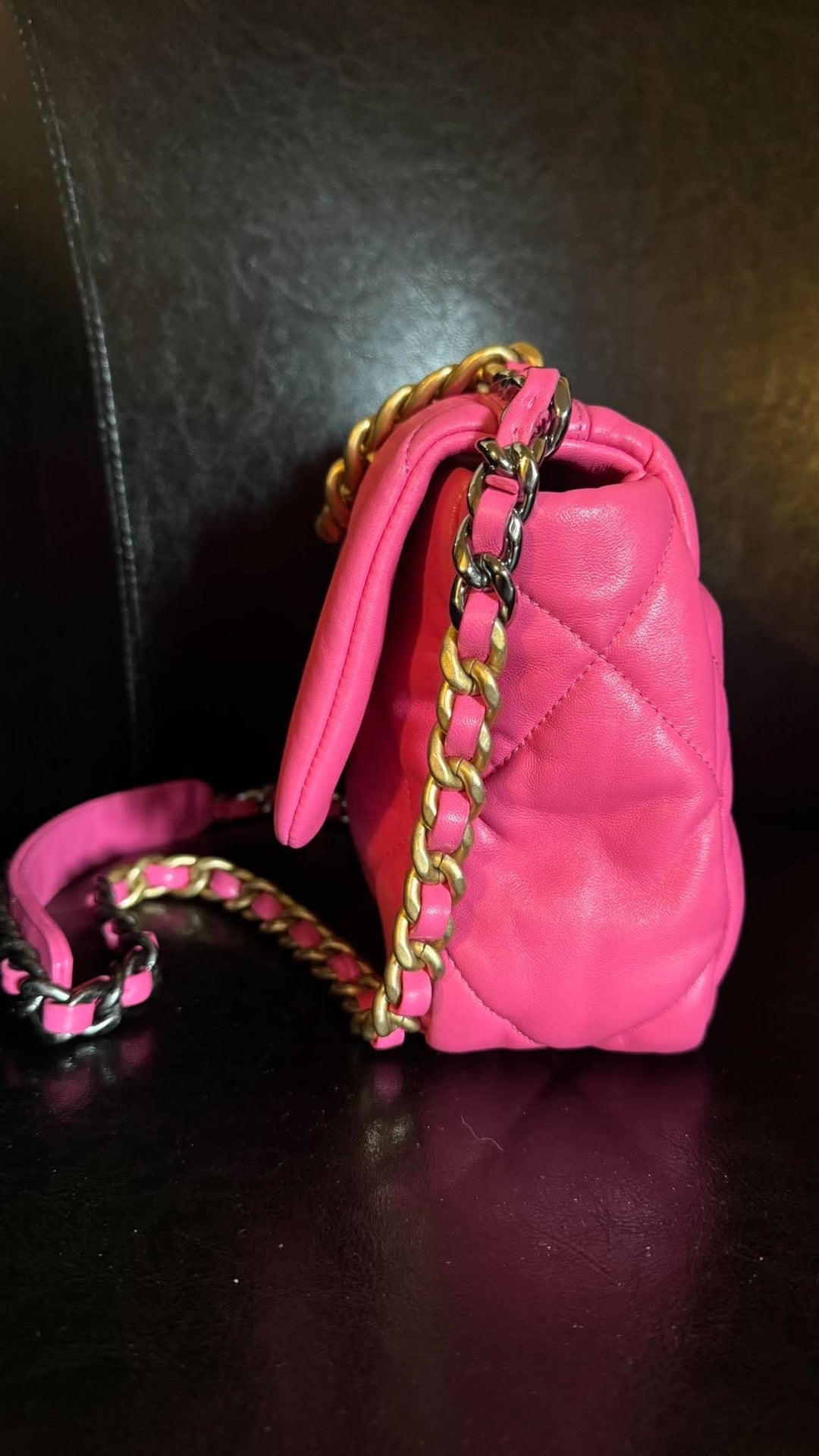 CHANEL 19 size Small in Hot Pink Lambskin Mixed Hardware Flap Bag Microchipped