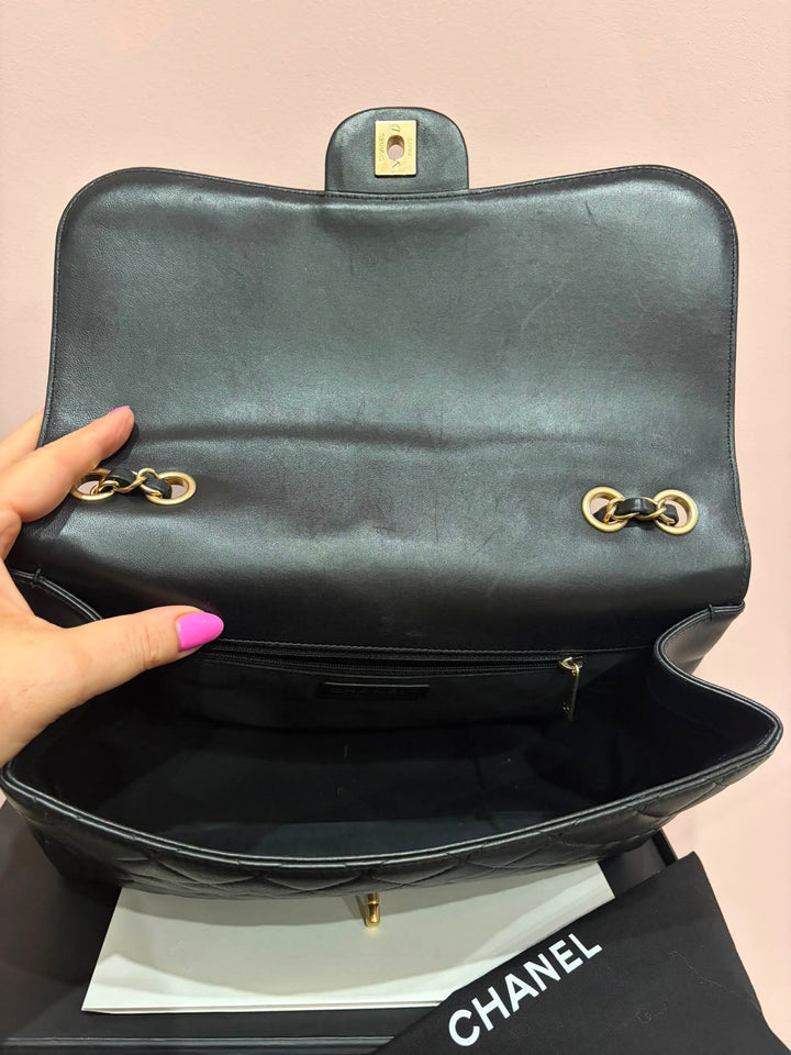 CHANEL Black Lambskin Brushed GHW Mademoiselle Chic Jumbo Single Flap Bag