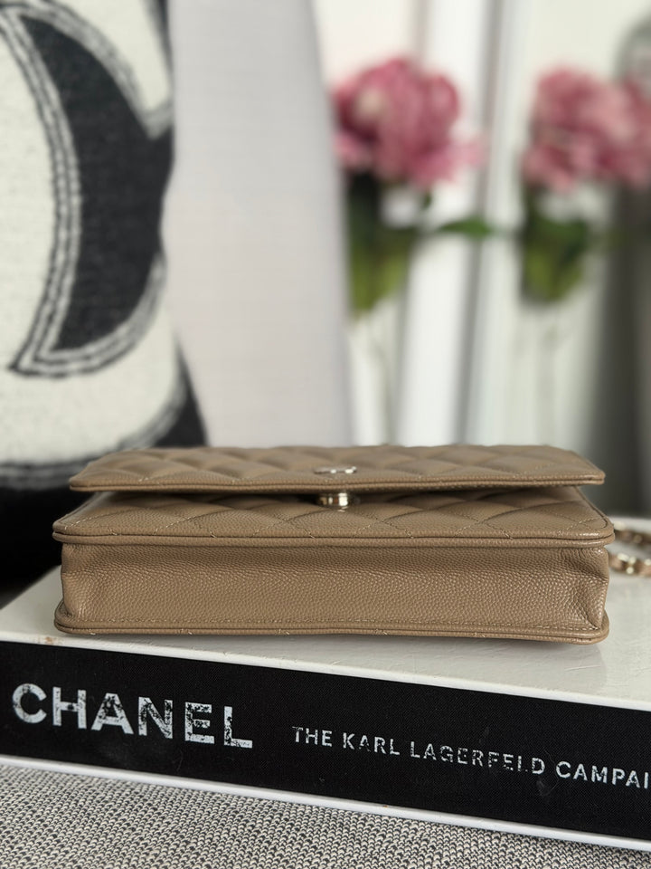 CHANEL 22A Dark Beige Caviar LGHW Classic Wallet on chain (WOC) 2023
