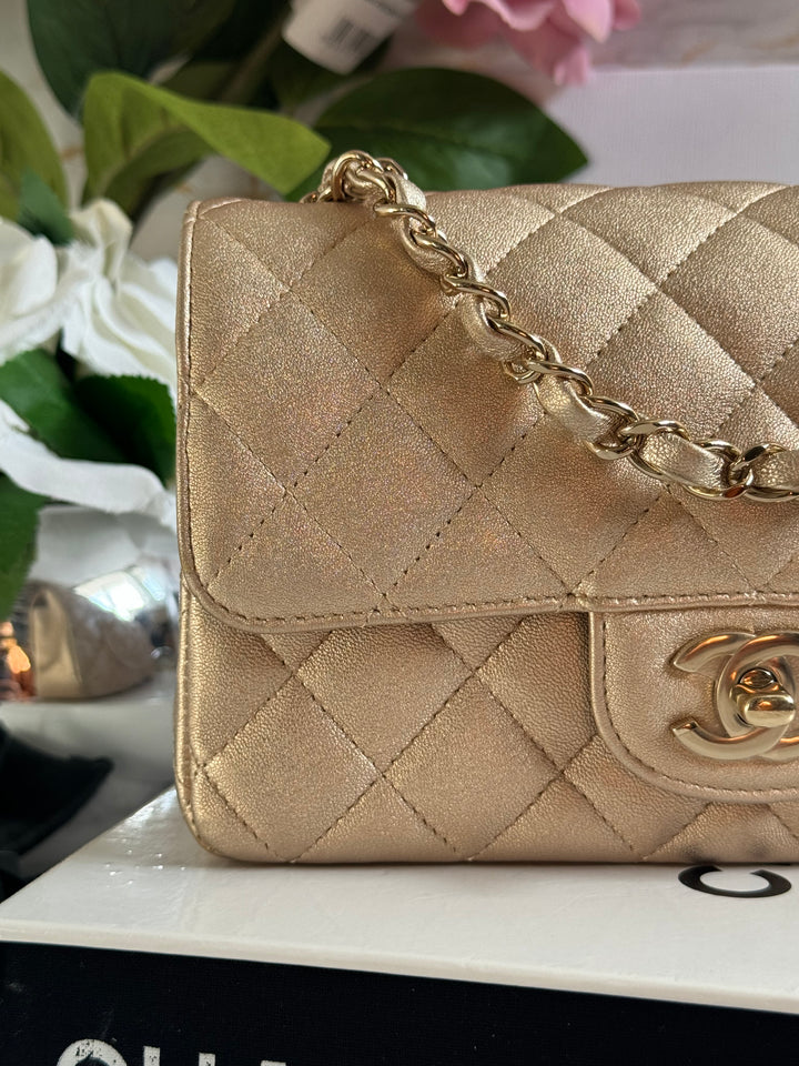 Chanel 21P series 31 Iridescent Gold Lambskin LGHW Mini Rectangular Flap Bag