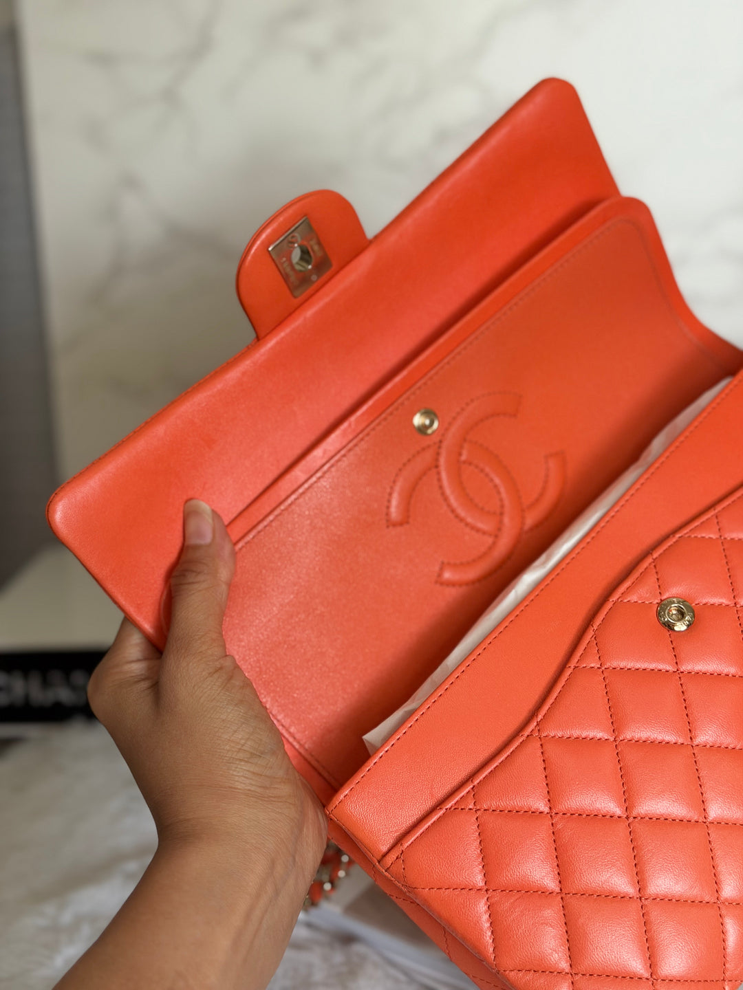 CHANEL 20S Orange Lambskin LGHW Medium ML Timeless Classic Double Flap Bag
