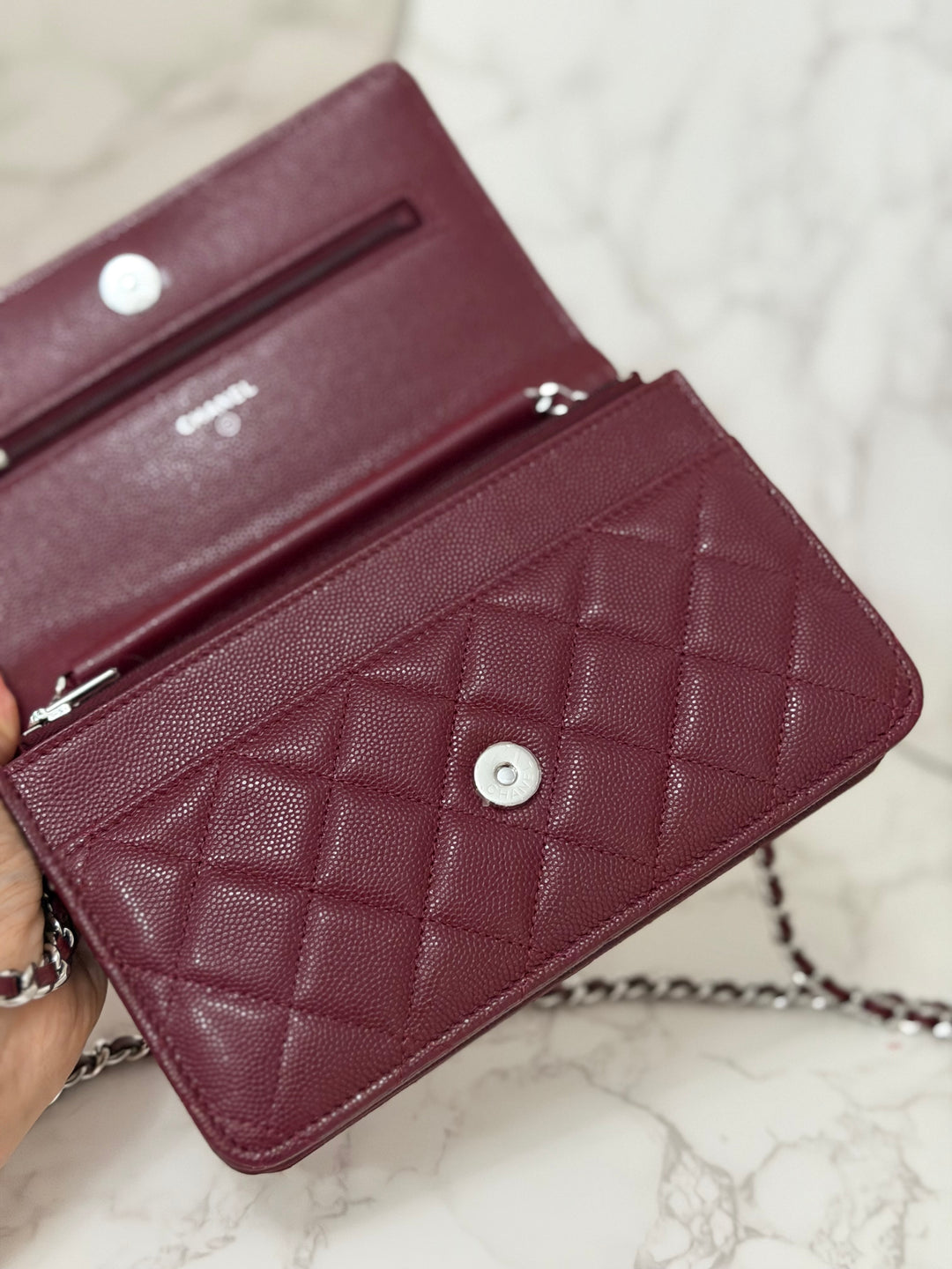 CHANEL 2024 Burgundy Caviar SHW Classic Wallet on chain (WOC) with crystal CC Logo