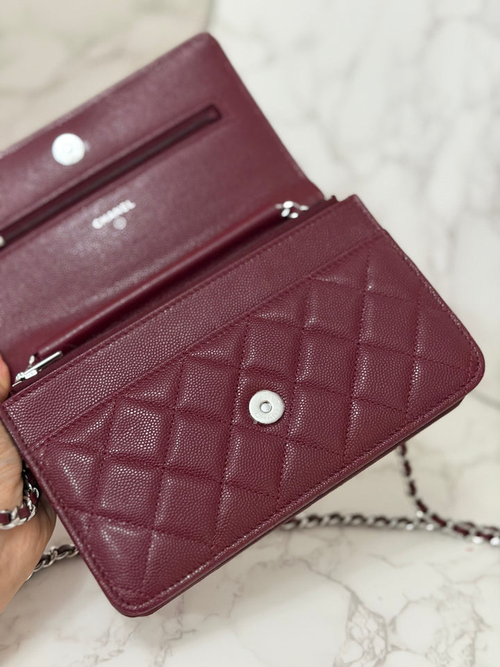 CHANEL 2024 Burgundy Caviar SHW Classic Wallet on chain (WOC) with crystal CC Logo