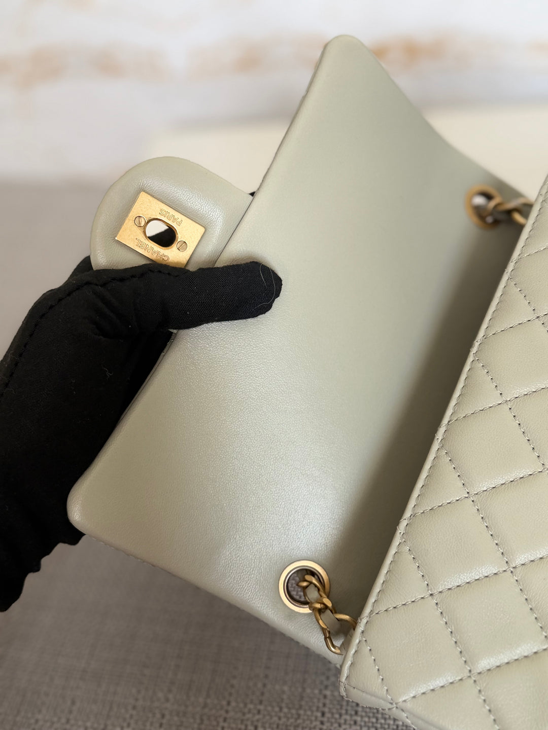 CHANEL Grey Lambskin Aged GHW Pearl Crush Adjustable Chain Mini Rectangular Flap Bag 2021