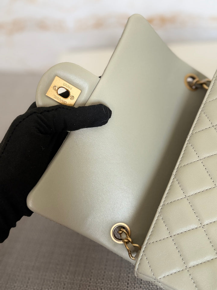 CHANEL Grey Lambskin Aged GHW Pearl Crush Adjustable Chain Mini Rectangular Flap Bag 2021