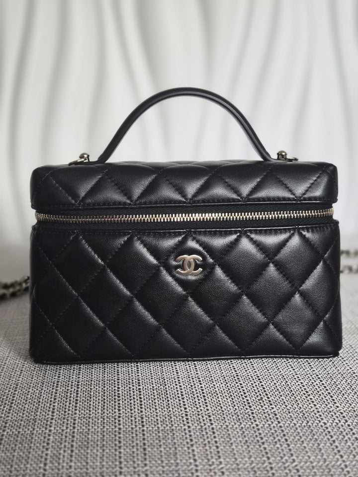 CHANEL Black Lambskin LGHW Long Vanity Top Handle with Detachable Chain 2025