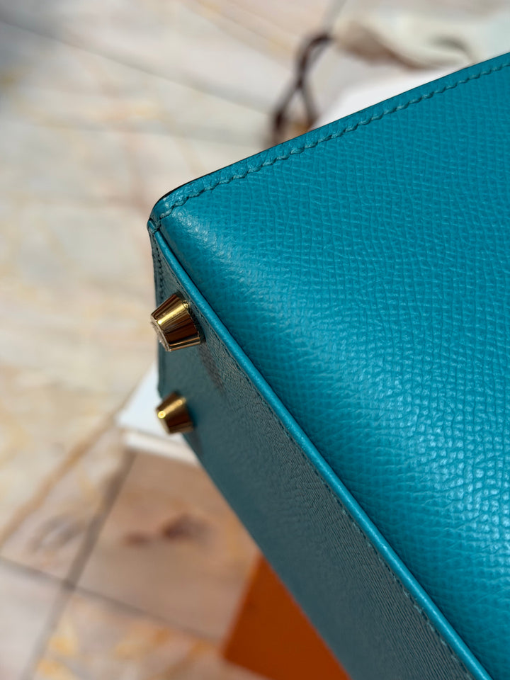 Hermes Kelly 28 Sellier Epsom Leather SO Bleu Paon GHW Stamp D 2019