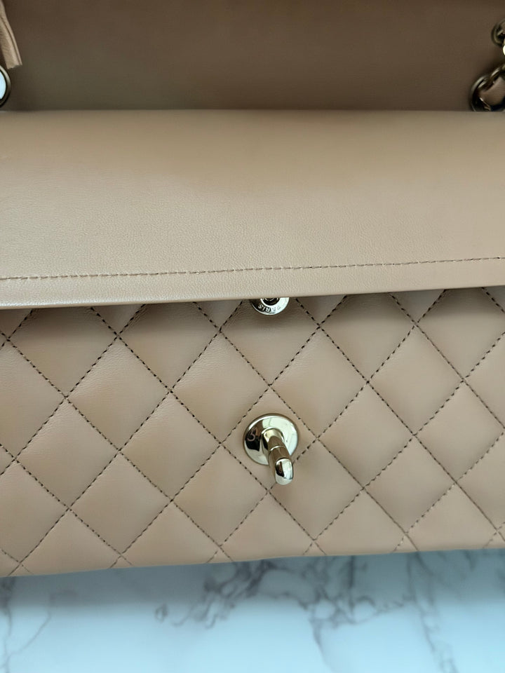 CHANEL 22K collection 2022 Dark Beige Lambskin LGHW Medium ML Timeless Classic Double Flap Bag