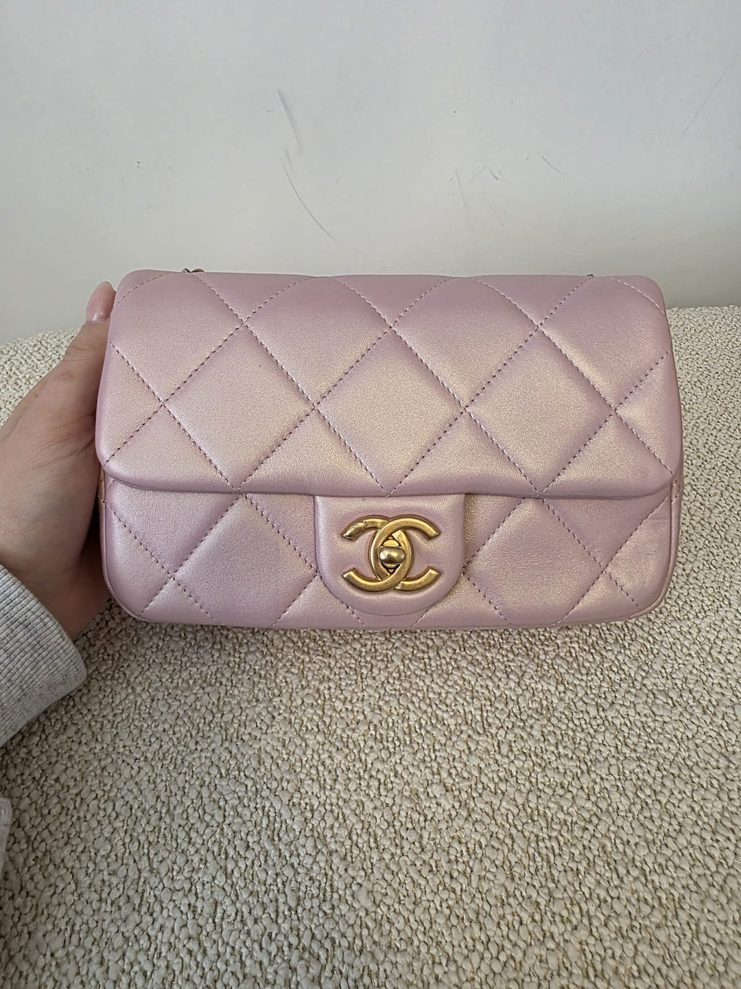 CHANEL 23S Adjustable Pearl Mini (8.25 inches) Rectangular Flap Bag with Pink Lambskin Aged GHW