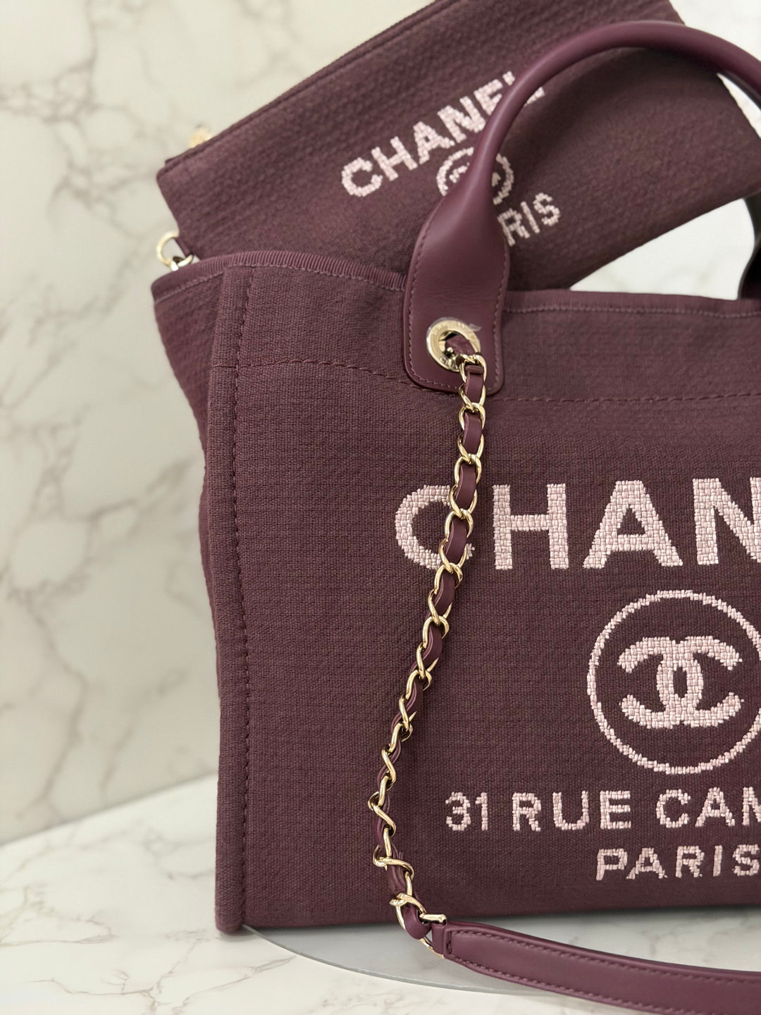 Chanel 24B Collection 2024 Burgundy Tweed Deauville Tote with Leather top handle size small and Detachable pouch