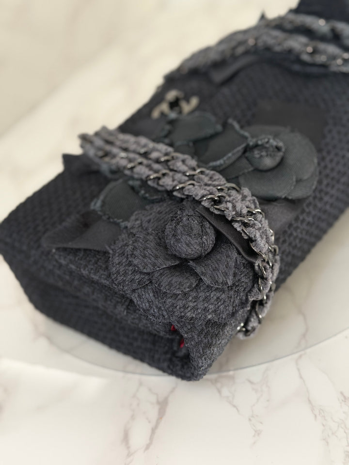 CHANEL 23C 2023 Embroidered Flower Tweed Medium Classic Flap Bag