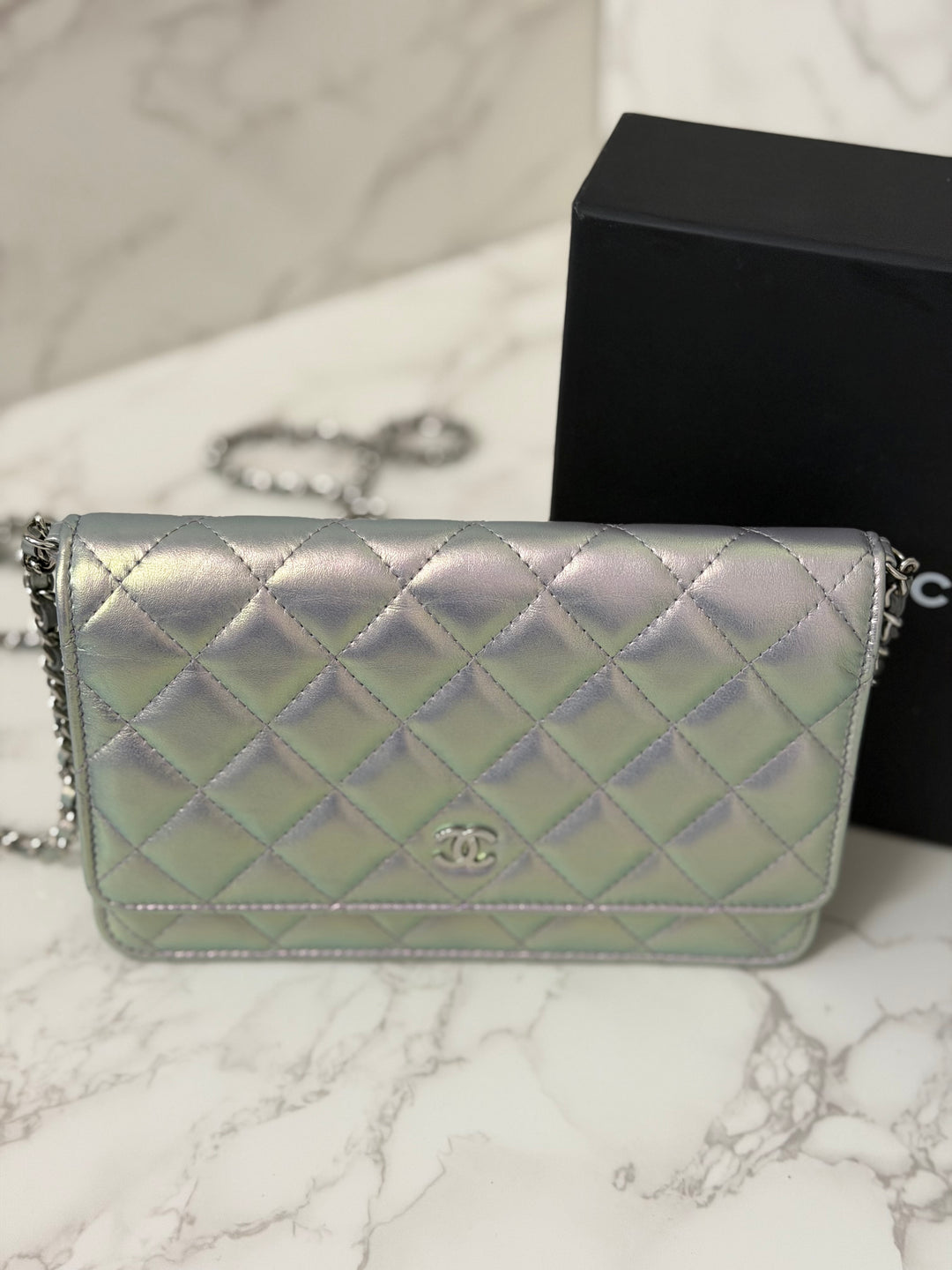 CHANEL 21K Silver Lambskin SHW Classic Wallet On Chain (WOC)