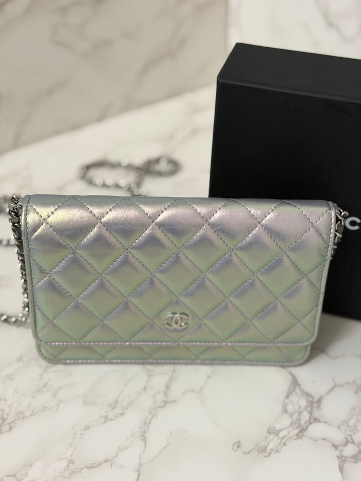 CHANEL 21K Silver Lambskin SHW Classic Wallet On Chain (WOC)