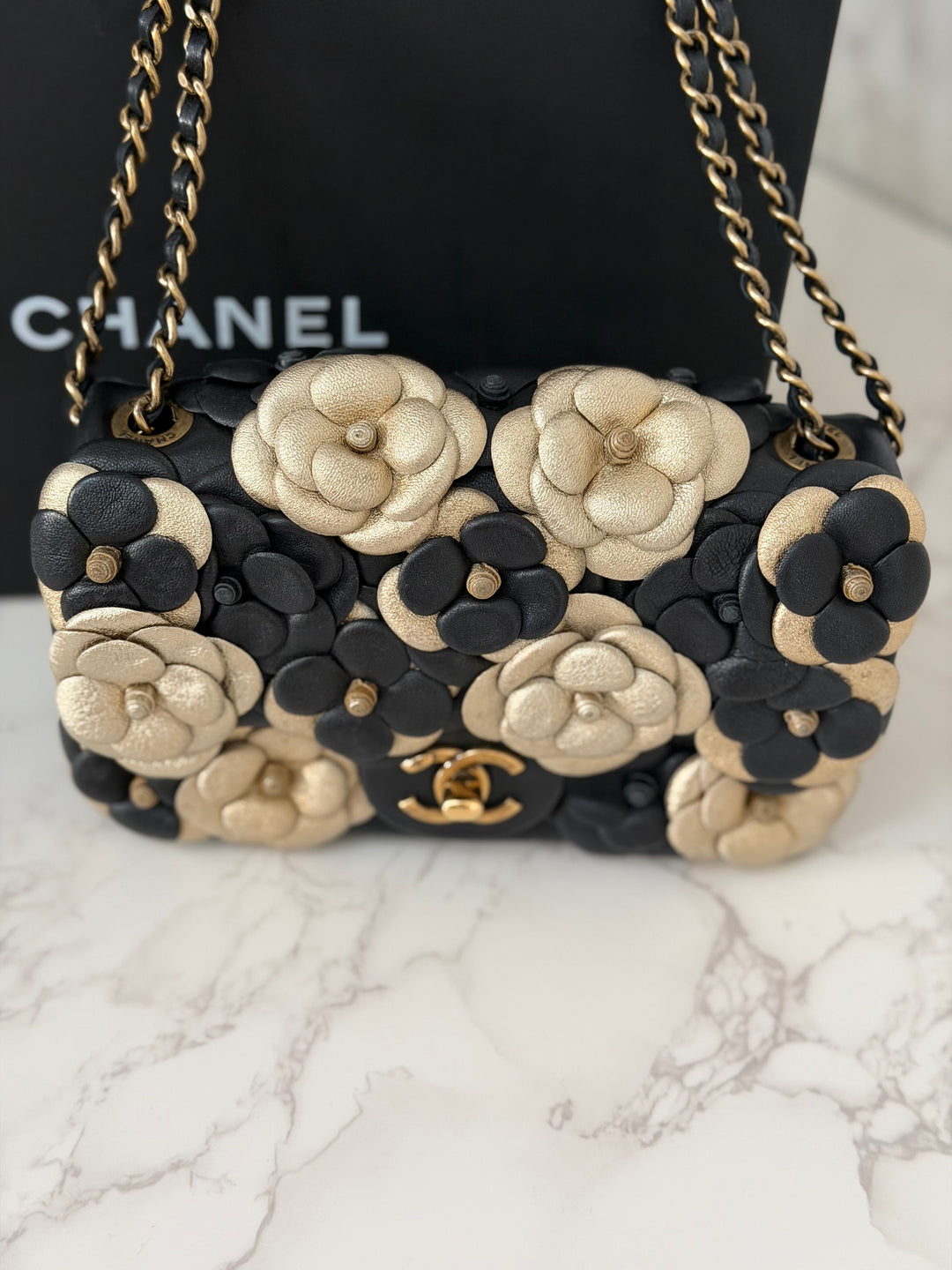 CHANEL series 21 Black Metallic Gold Camellia Flower Lambskin Mini Rectangular Flap Bag with Vintage GHW