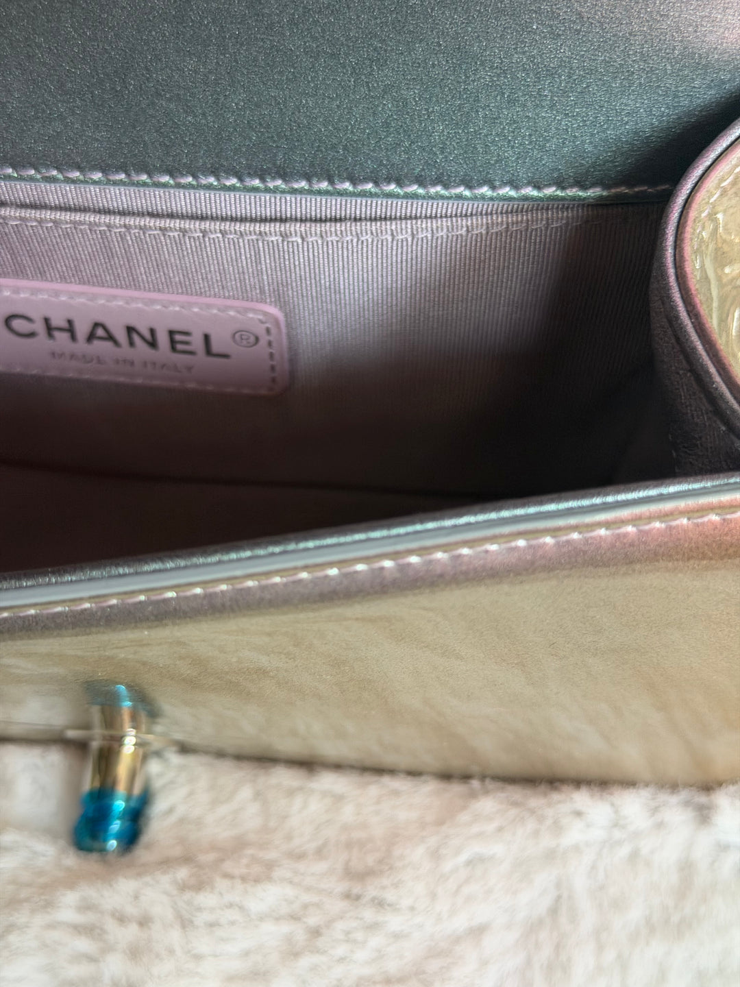 CHANEL 18S Iridescent Patent Calf Skin Purple Blue Mermaid Le Boy Flap Bag size Small