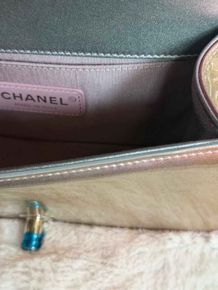 CHANEL 18S Iridescent Patent Calf Skin Purple Blue Mermaid Le Boy Flap Bag size Small