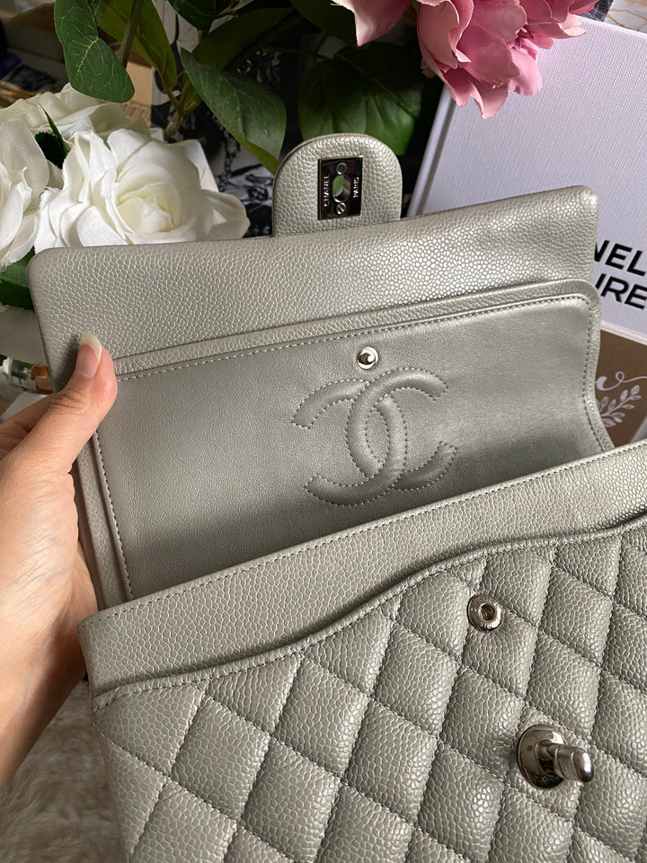 CHANEL series 19 Grey Caviar SHW Medium ML Double Flap Bag 14B collection 2014