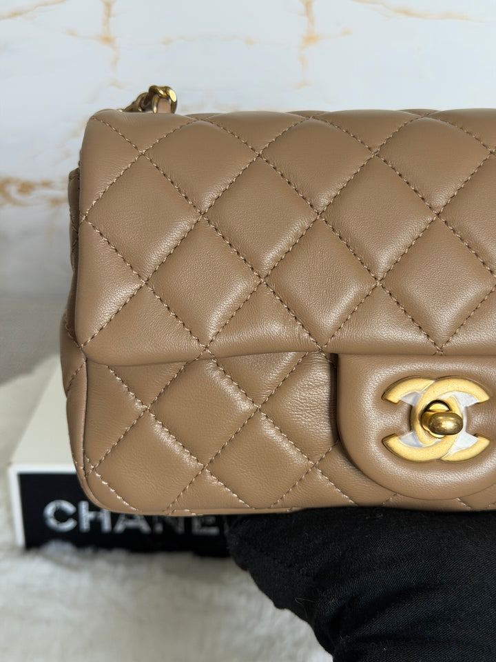CHANEL 22B Taupe Dark Beige Lambskin Aged GHW Pearl Crush Adjustable Chain Mini Rectangular Flap Bag 2022