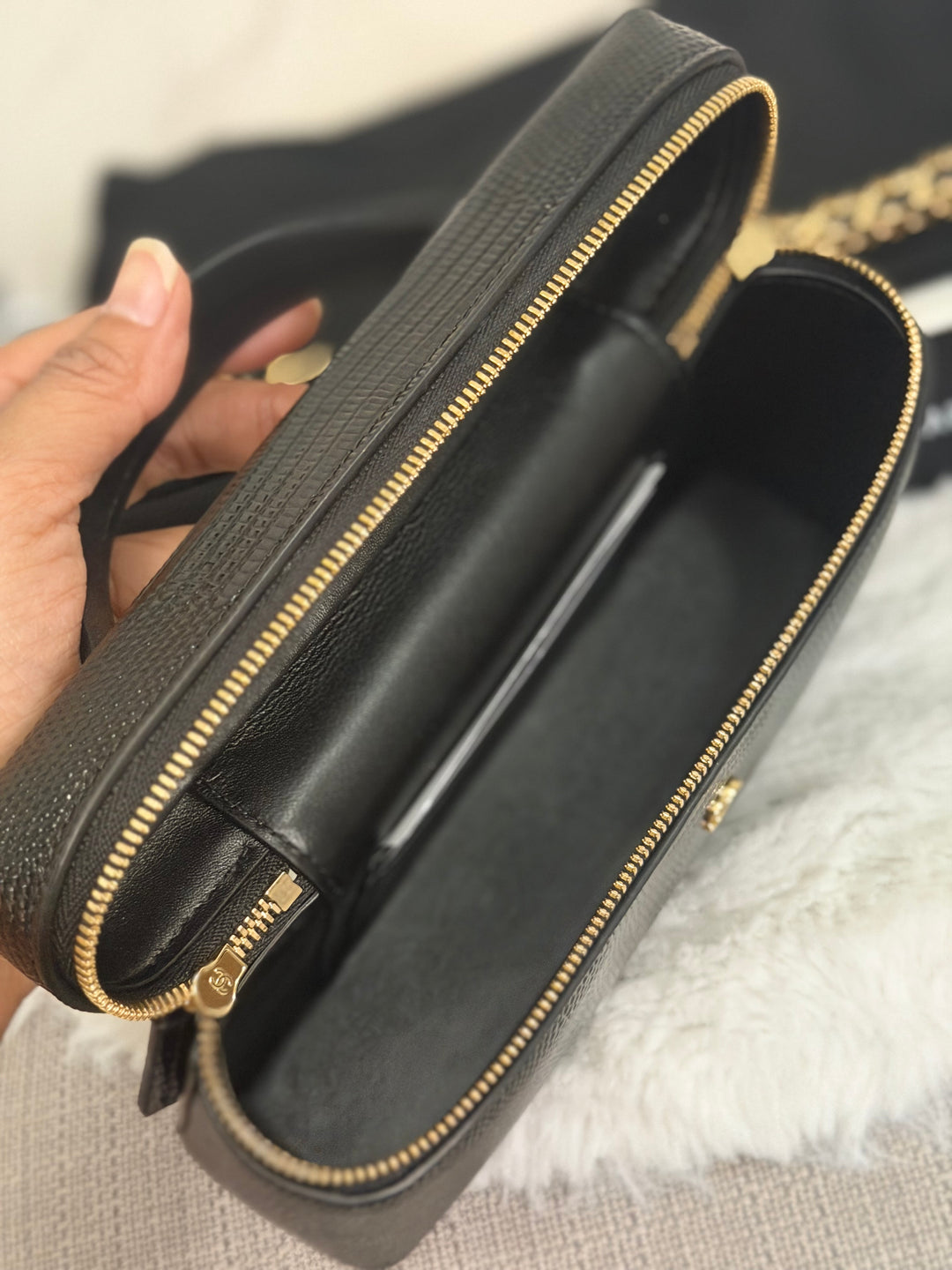 CHANEL Black Lizard Embossed Calf Skin GHW LP Long Vanity with top handle 26A 2026