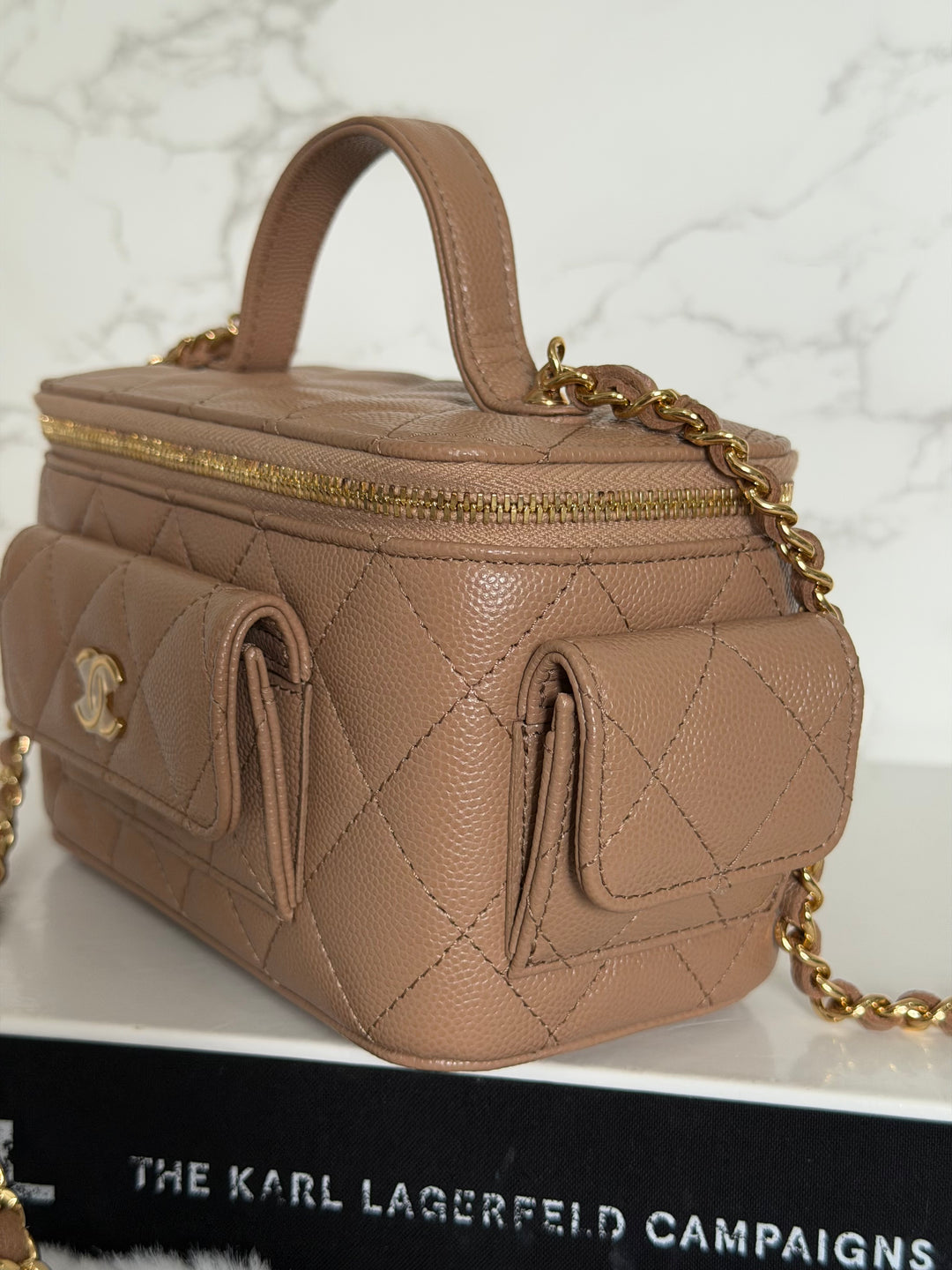 CHANEL Dark Beige Caviar Cargo Polly Pocket Vanity Case with Top Handle GHW 2023